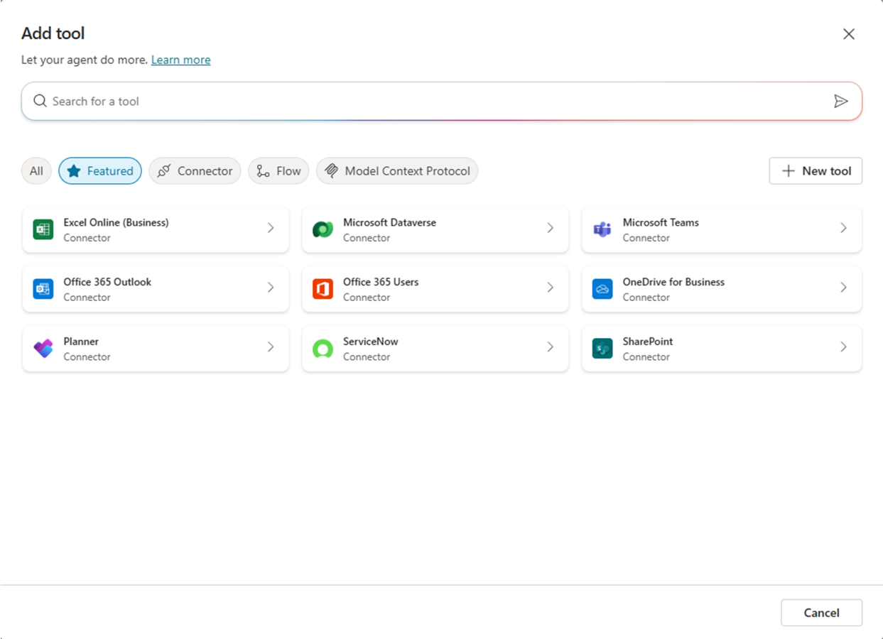 Microsoft Copilot Studio のツール作成ダイアログ。Featured ツールの一覧と "+ New tool" コマンドが表示されている。