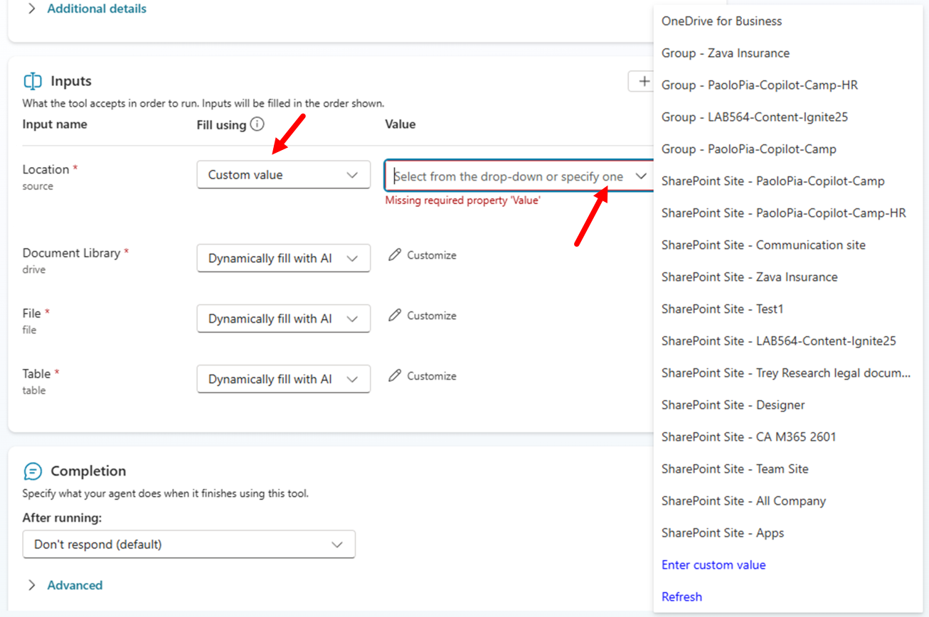 The field "Location" configured with a custom value and the dropdown to select the target site collection.