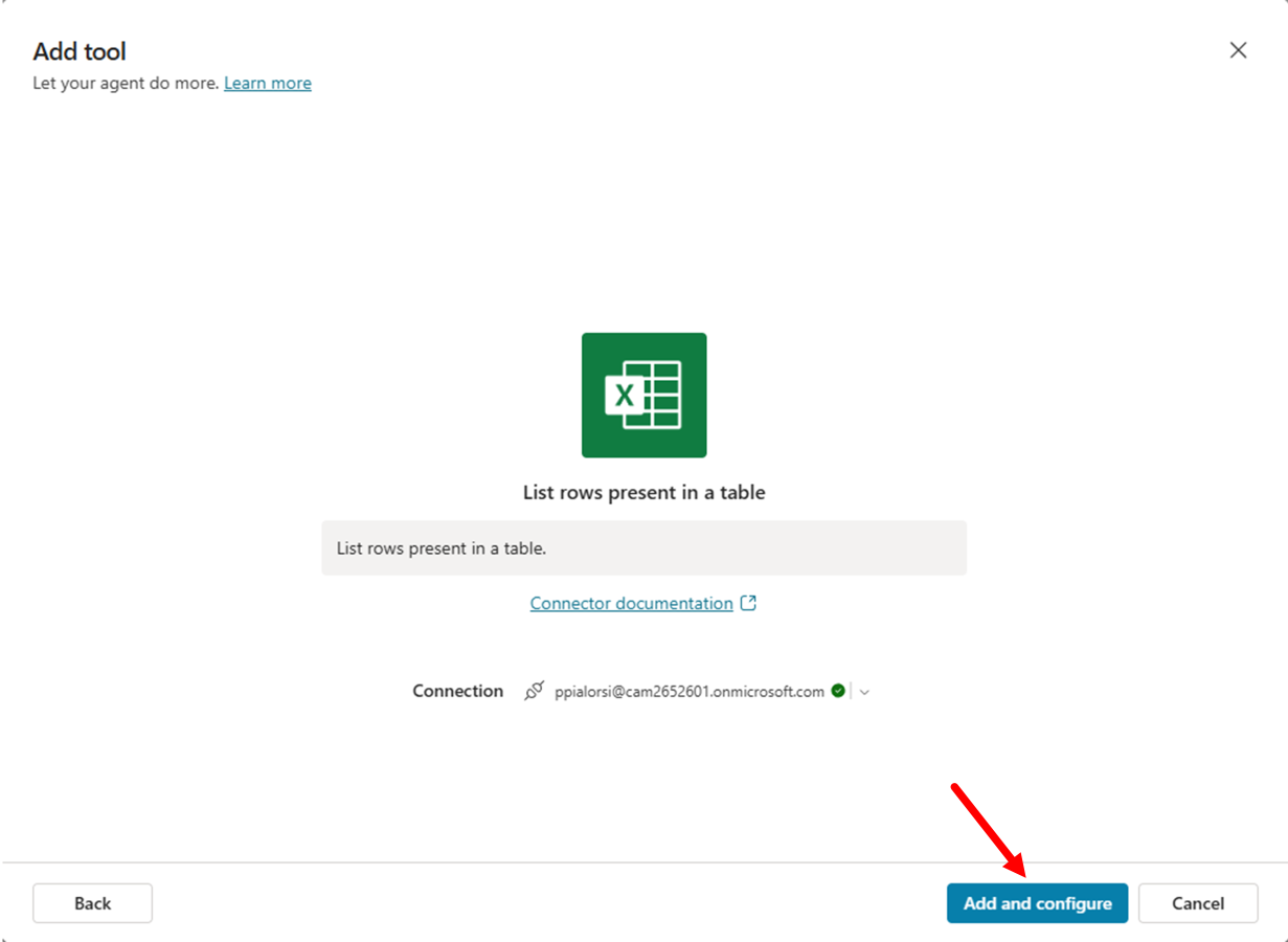 The dialog to add the actual tool to the agent. There are commands to **Add and configure** the tool. There is also a back button to start over.