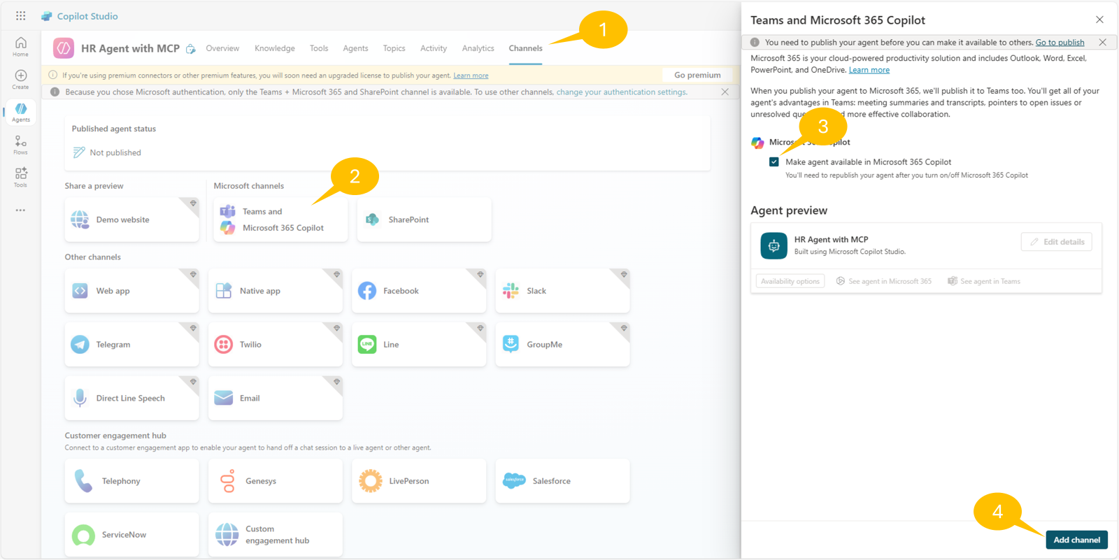 「Teams and Microsoft 365 Copilot」チャンネルでエージェントを公開する画面。