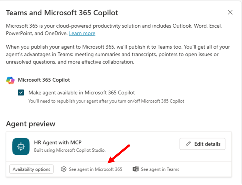 「See agent in Microsoft 365」を選択してエージェントを追加。