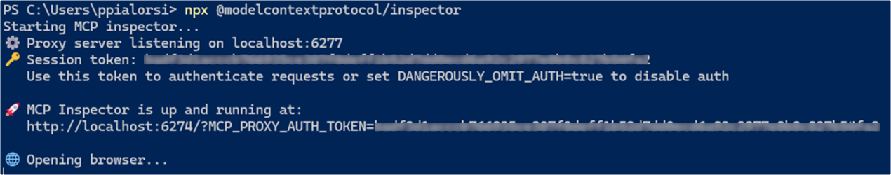 ターミナルで MCP Inspector を起動した時の出力。Inspector がリッスンしているプロキシポートと URL が表示。