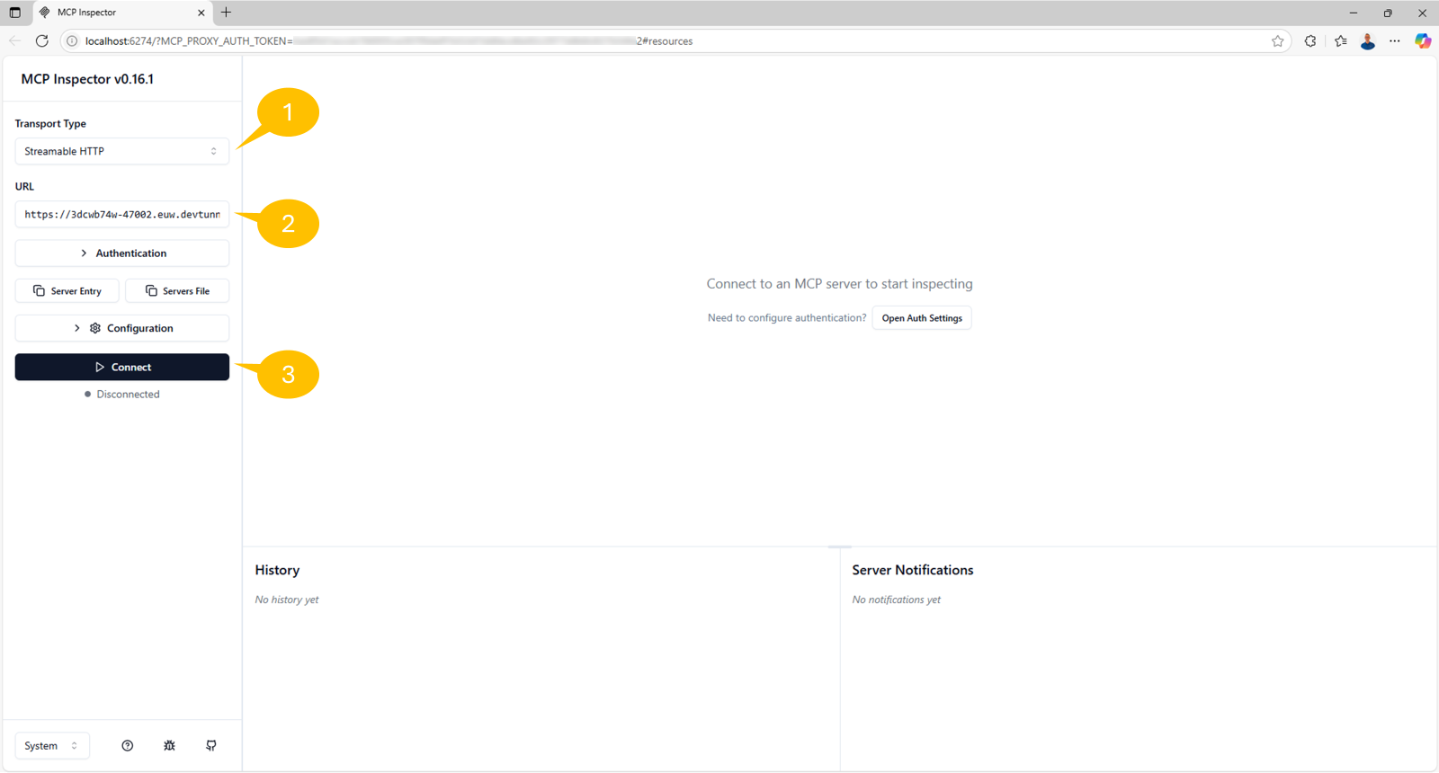 MCP Inspector の Web インターフェイス。左側に MCP サーバー設定と「Connect」ボタンがある。