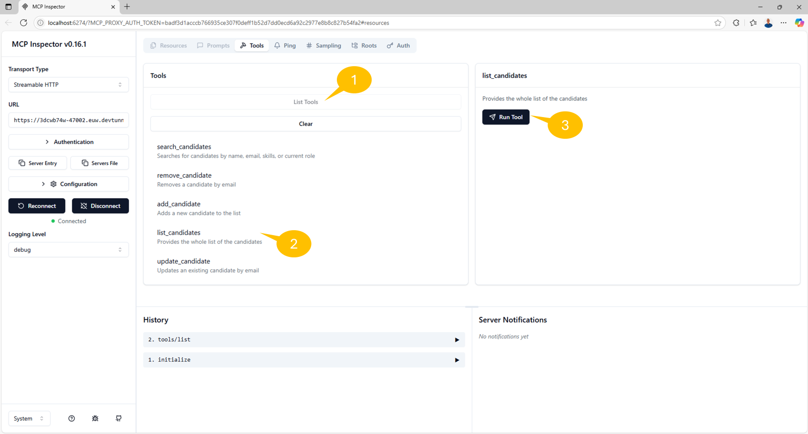 MCP Inspector でツール一覧を取得し、「list_candidates」ツールを実行している様子。