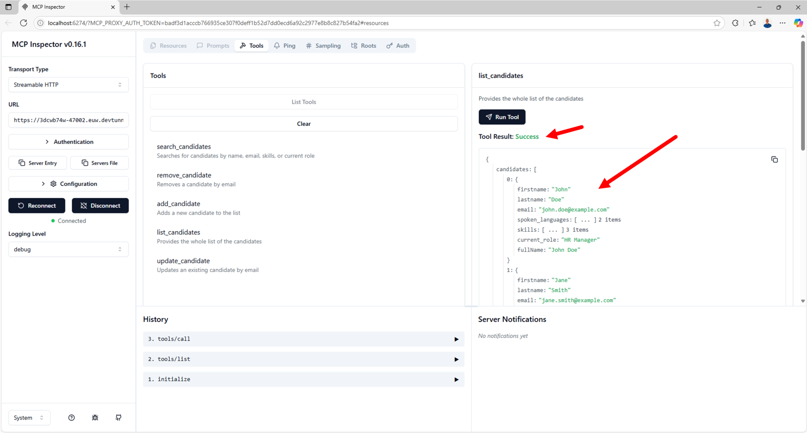 ツール呼び出しが成功し、実行結果が表示されている MCP Inspector の画面。