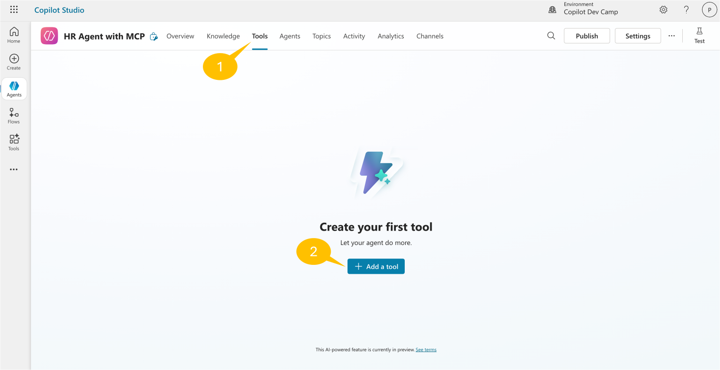 エージェントの「Tools」セクションで「+ Add a tool」を選択。