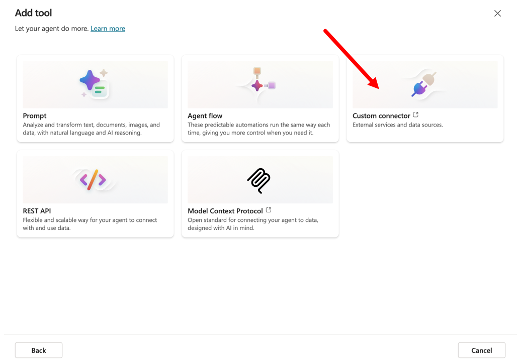 新しいツール追加ダイアログで「Custom connector」を選択。