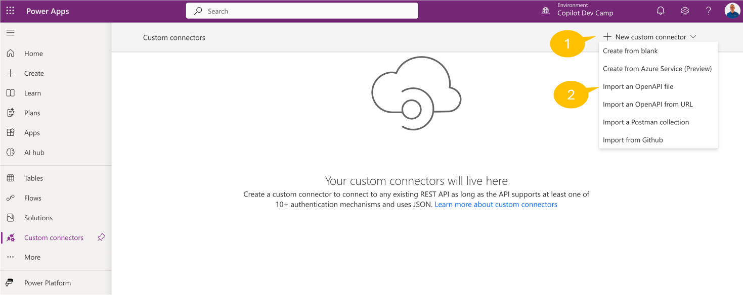 カスタムコネクター作成ダイアログ。「Import an OpenAPI file」を選択。
