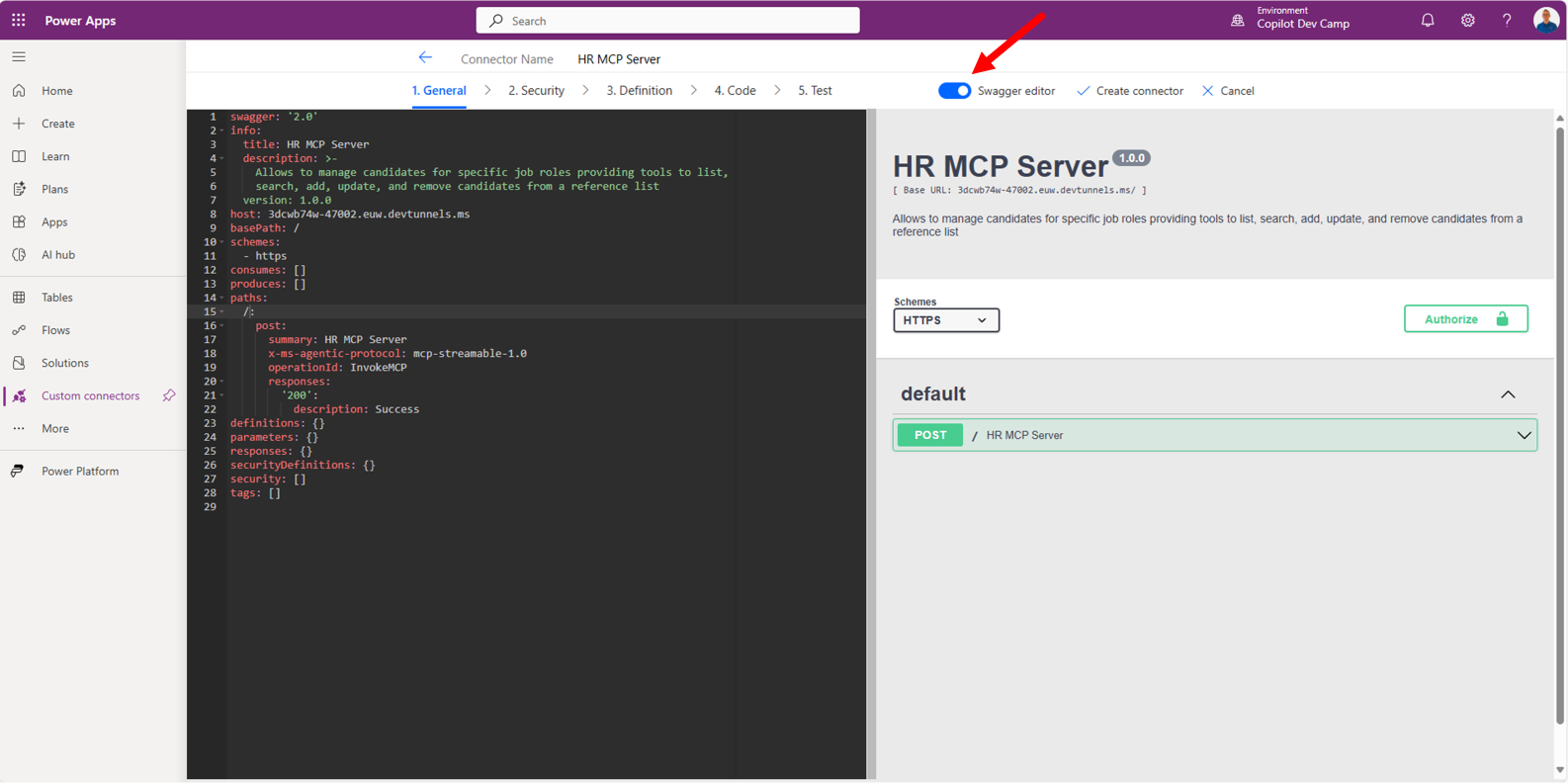 カスタムコネクター定義ページ。「Swagger editor」で YAML を確認。