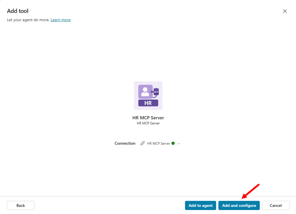「HR MCP Server」コネクターをエージェントに追加するダイアログ。「Add and configure」を選択。