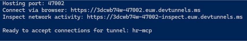 コンソールで dev tunnel を実行した例。ホスティングポートや「Connect via browser」URL、ネットワークアクティビティを検査する URL が表示。