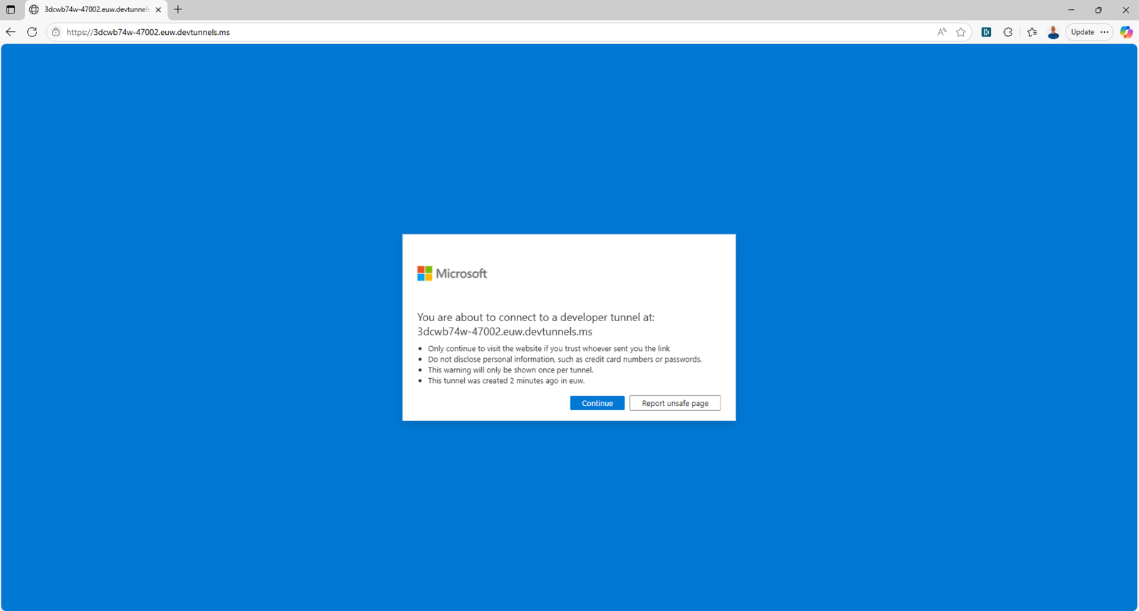 dev tunnel 経由で MCP サーバーにアクセスする際の確認ページ。「Continue」を選択。