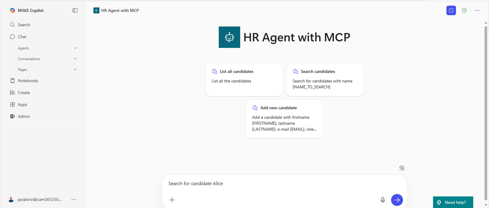 Microsoft 365 Copilot チャットで提案プロンプトが表示された HR Agent with MCP。