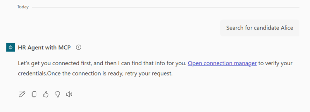 Microsoft 365 Copilot で接続マネージャーを開くよう指示。