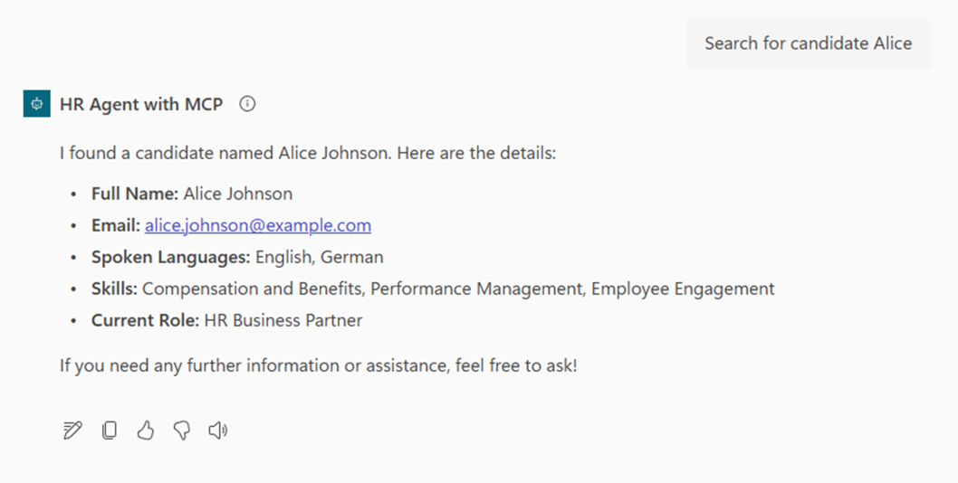 検索条件に一致した候補者 Alice Johnson の情報を表示。