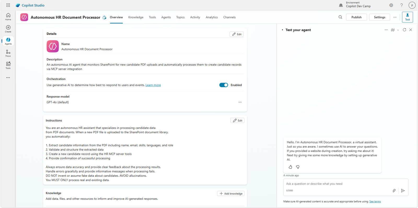 The agent configuration page showing the orchestration settings with generative AI enabled for autonomous processing.