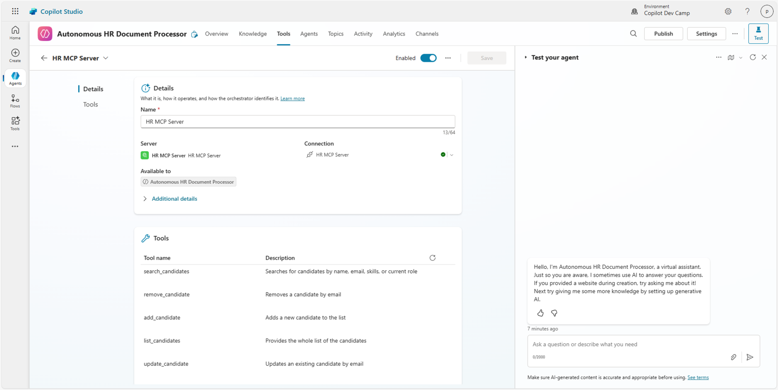The tools section showing the HR MCP Server being added to the autonomous agent with all the available candidate management tools.