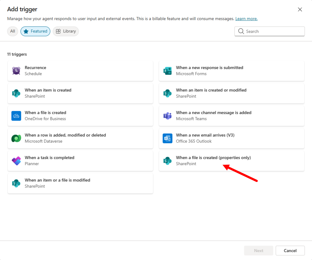The trigger selection dialog showing SharePoint file triggers available for the autonomous agent, together with other out of the box triggers. The trigger "When a file is created (properties only)" is highlighted. There is a "Next" button in the lower right side of the dialog, to proceed with the configuration.