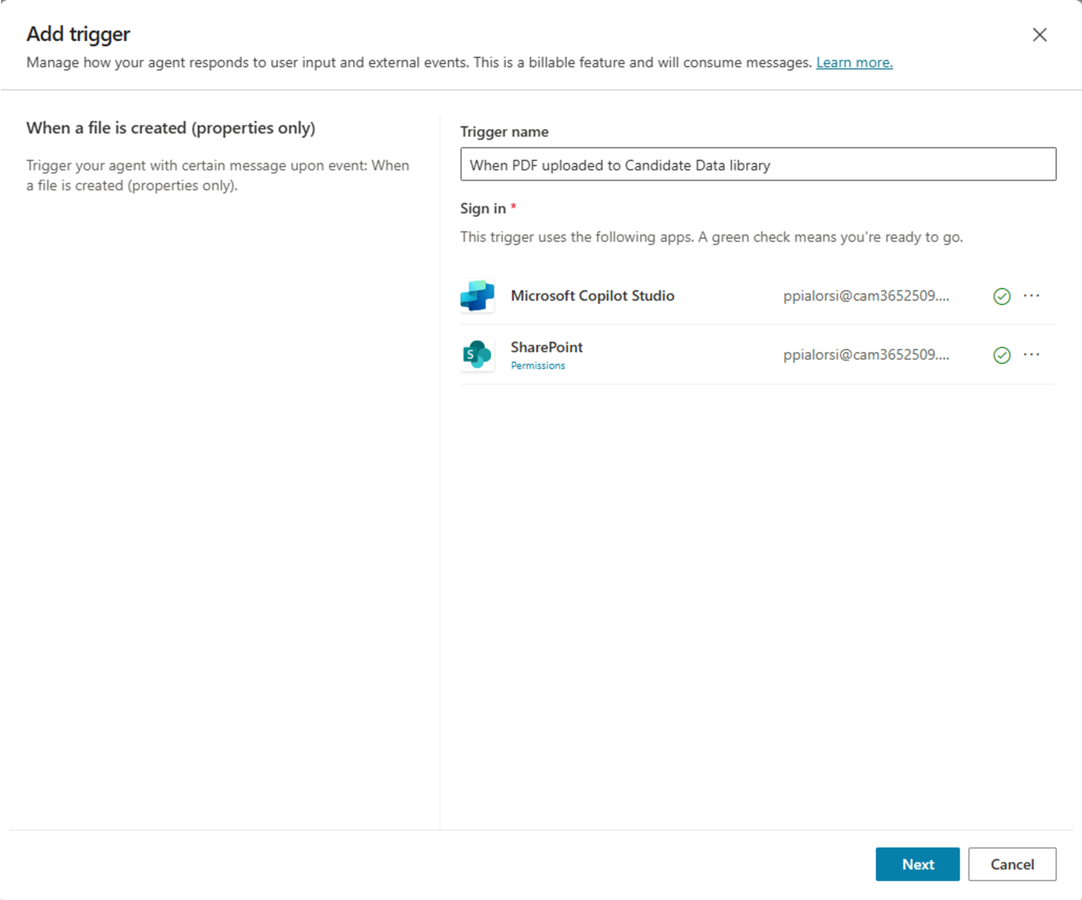 The SharePoint trigger configuration showing the name and the required apps permissions.