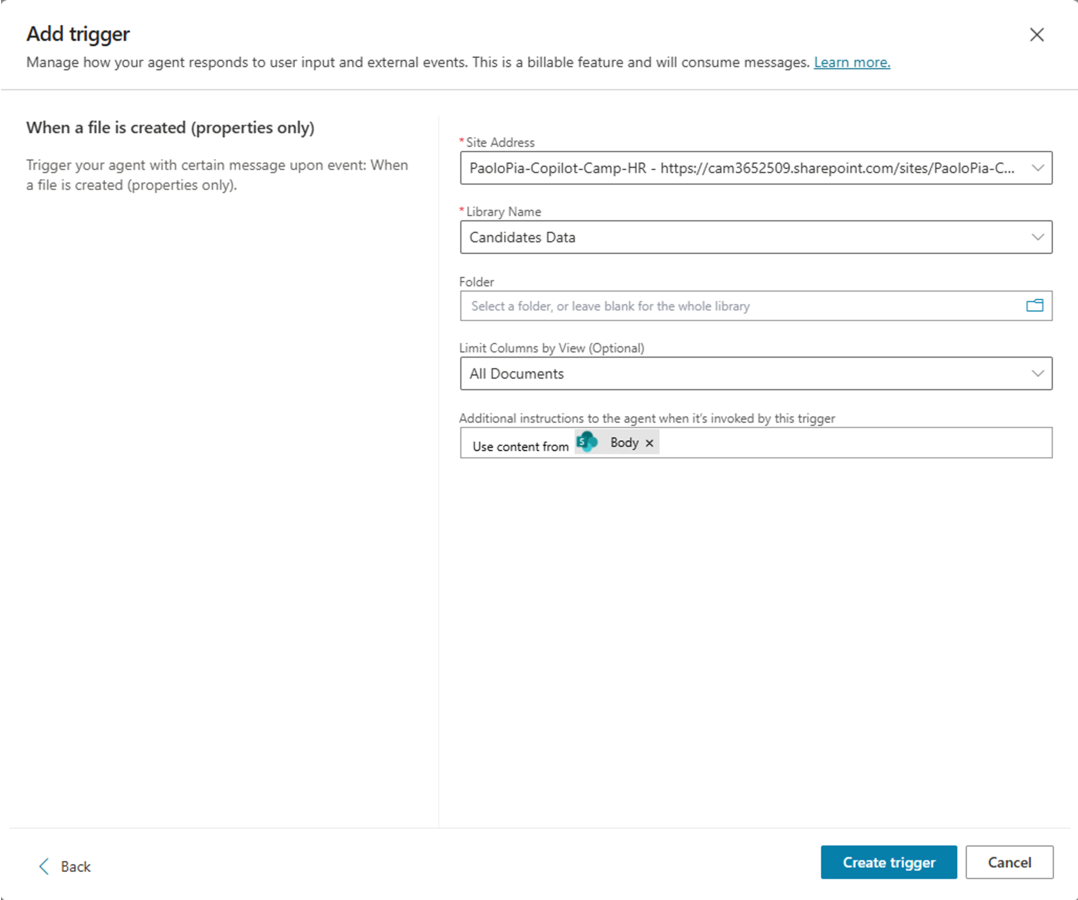 The SharePoint trigger configuration showing the site address, library name, folder, view, and additional instructions to the agent.
