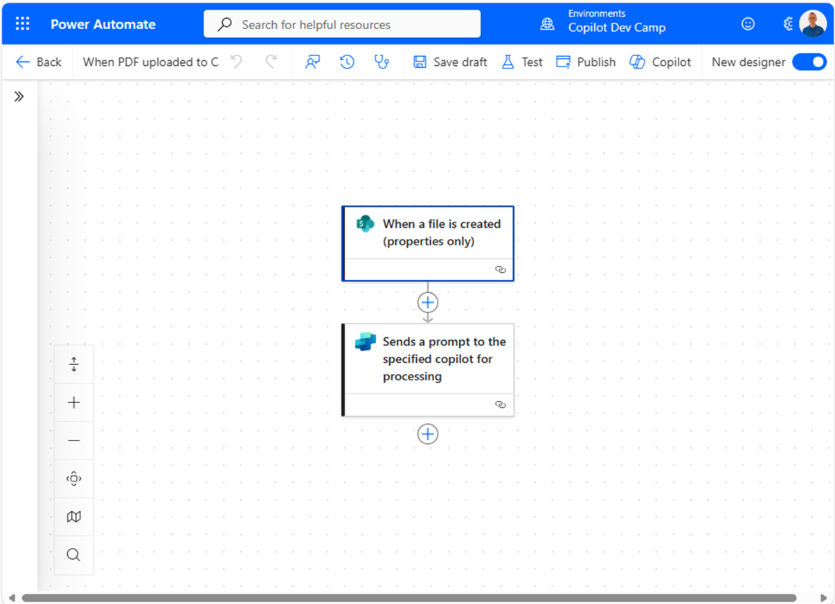 The trigger flow in Power Automate. There is a trigger action of type "When a file is created (properties only)" and another action "Sends a prompt to the specified copilot for processing".