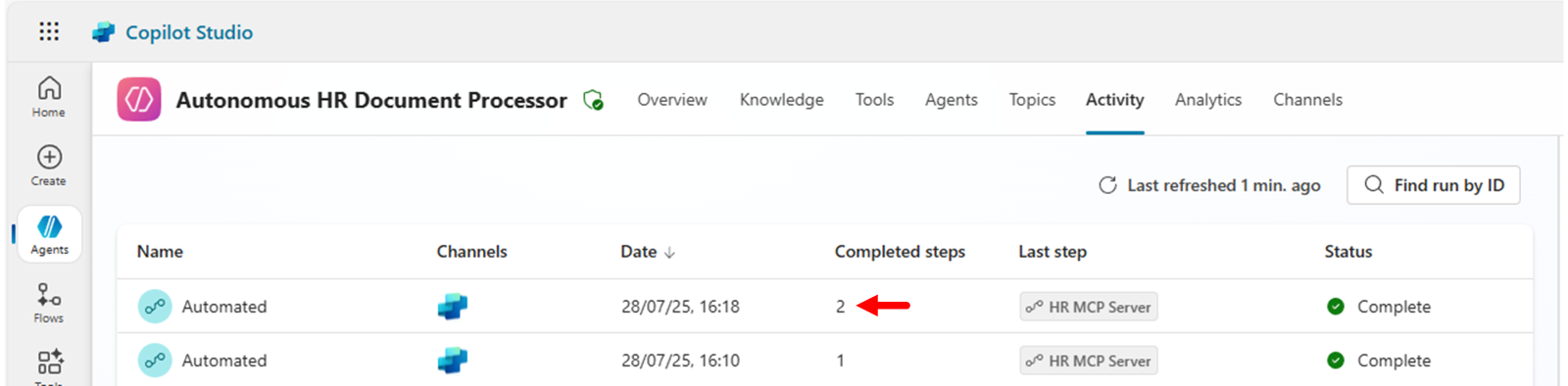 The "Activity" section of the autonomous agent with an instance that has 2 "Completed steps".