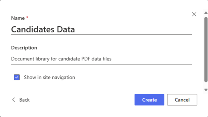 The SharePoint interface showing the creation of a new document library called "Candidate Data" with the appropriate name and description filled in.