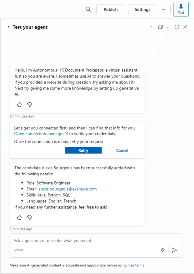 The test panel of Copilot Studio while testing the trigger. There is the request to connect to the target HR MCP Server, as well as the confirmation that a new candidate was added to the list of candidates.