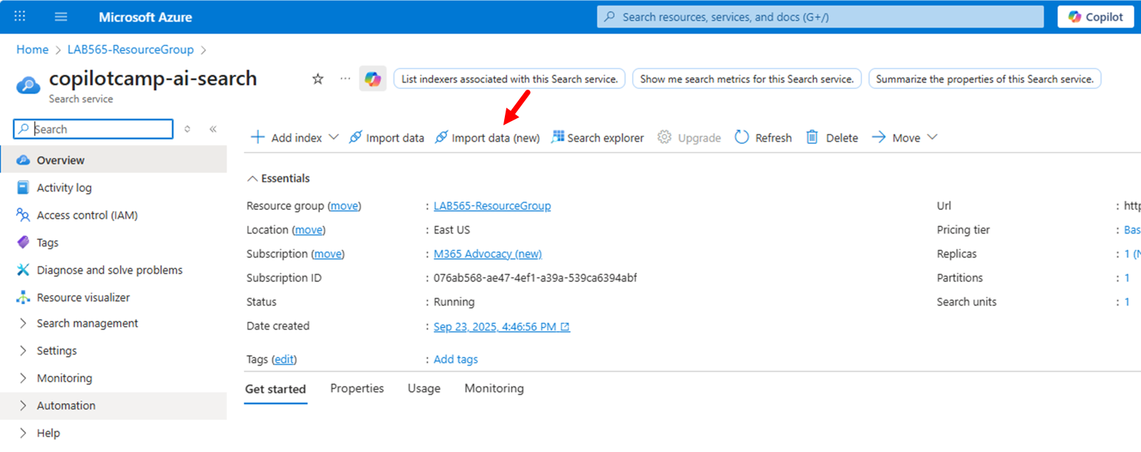 The Azure AI Search service instance overview page with basic information about the service instance. There is a command to "Import data (new)" highlighted.