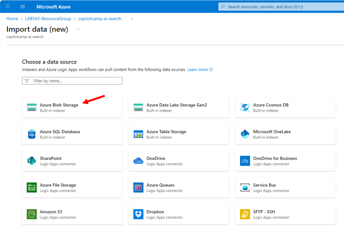 The Azure AI Search service instance page to start importing data. There is the "Azure Blob Storage" data source highlighted.