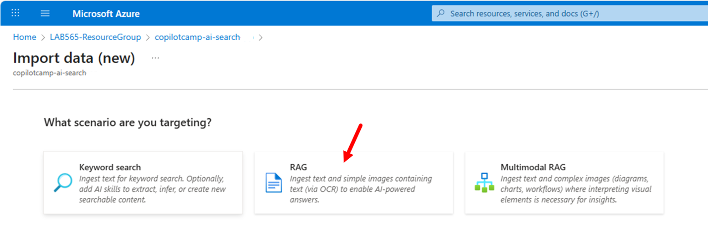 The Azure AI Search service instance page to choose the target scenario. There is the "RAG" scenario highlighted.