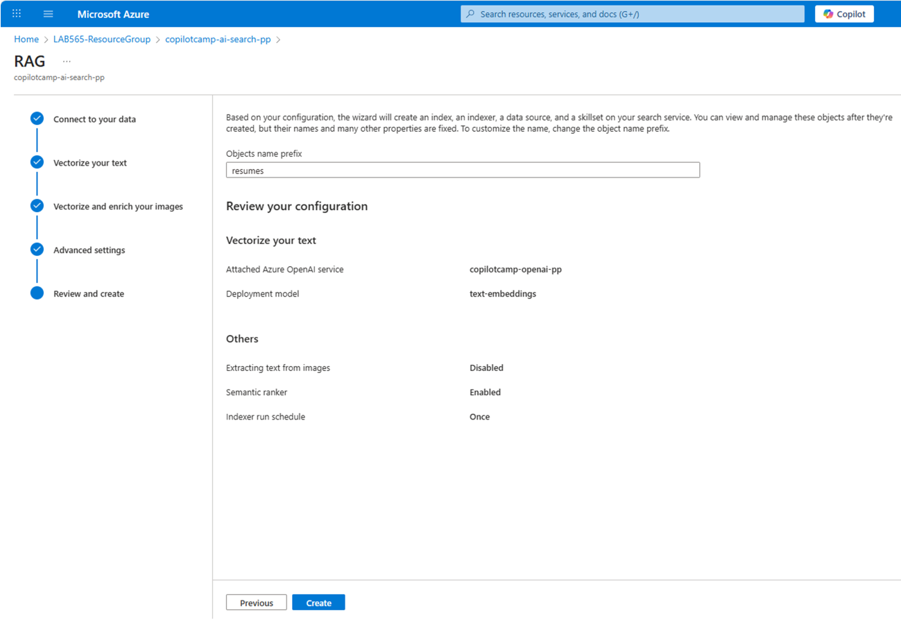 The Azure AI Search service instance page to recap the settings that will be applied when creating and feeding the vector index.