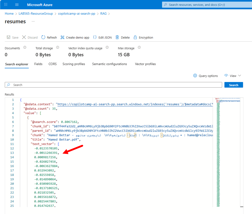 The Azure AI Search vector index showing the results of a get all query with the "text_vector" field highlighted.