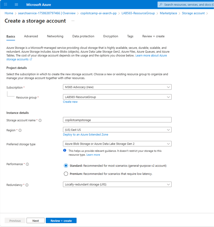 The Azure portal interface showing the creation of a storage account with the basic configuration including subscription, resource group, storage account name, region, performance, and redundancy settings.