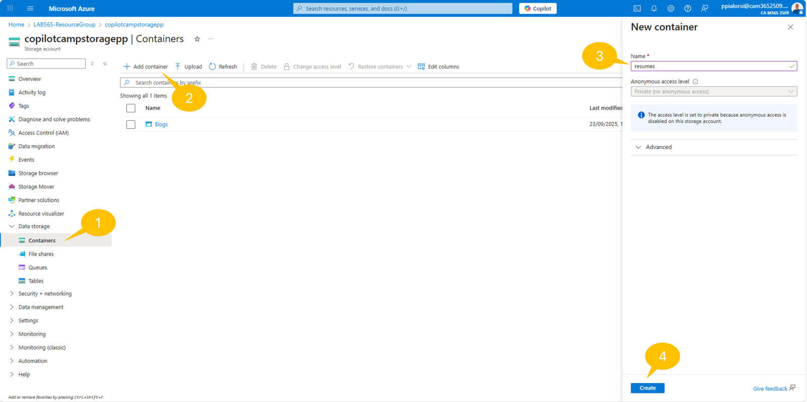 The Azure Storage Account service instance while showing the "Containers" page. There is a command to "+ Add container" highlighted.