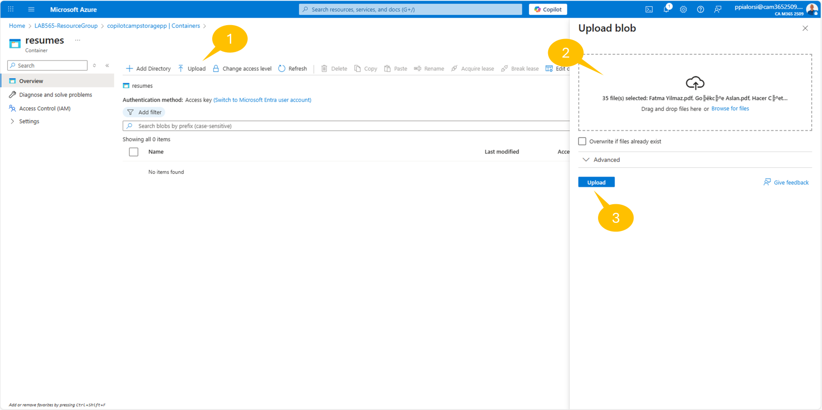 The Azure Storage Account service instance while uploading files in target container. The commands to upload files are highlighted.