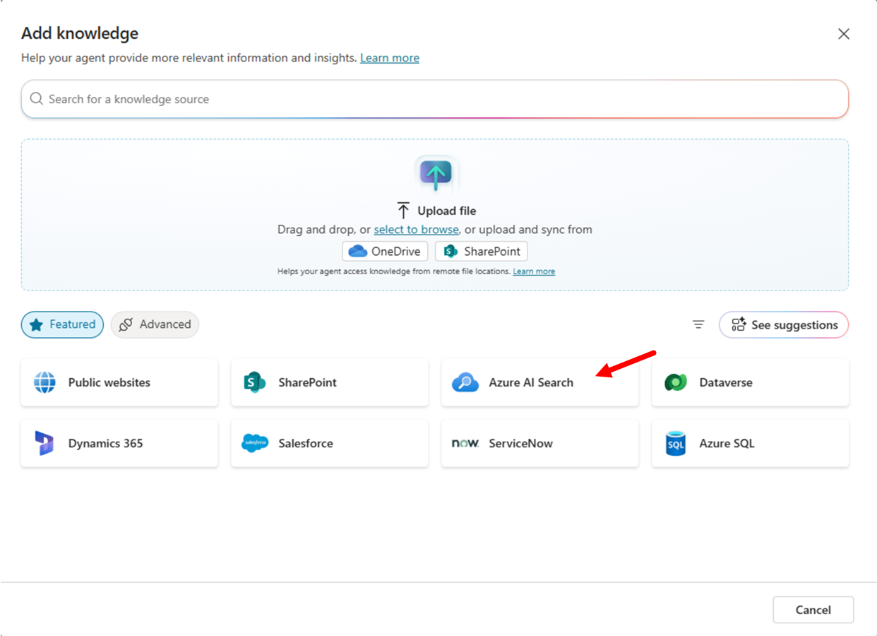 The knowledge sources interface showing the option to add Azure AI Search as a featured knowledge source, with various other knowledge source options visible.