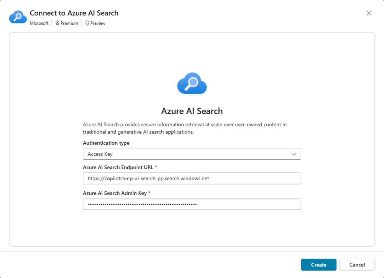 The Azure AI Search connection configuration dialog showing the authentication type selection, endpoint URL field, and admin key field for establishing the connection.