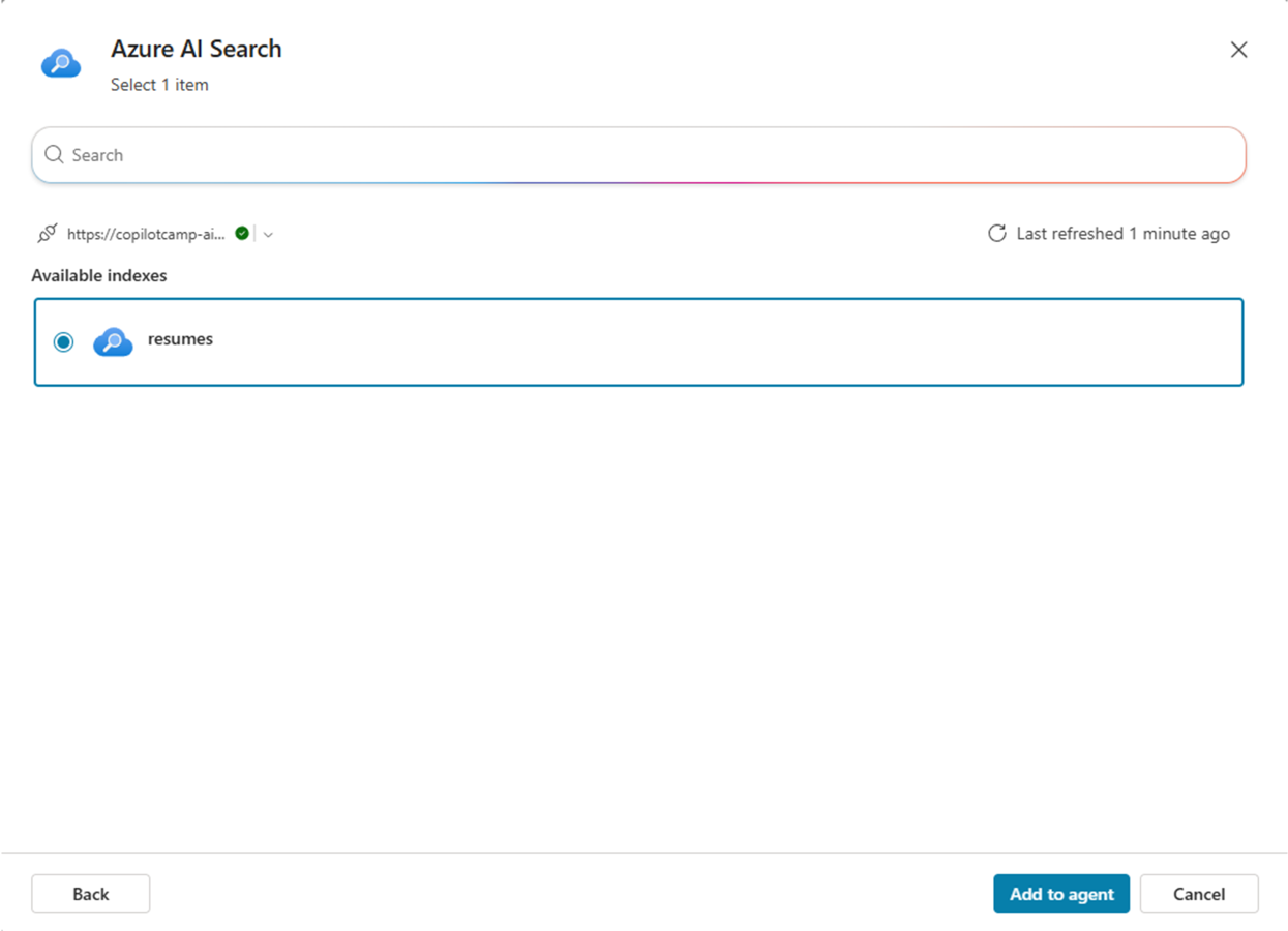 The Azure AI Search connection configuration dialog allowing you to select the index to use as the new knowledge base in the agent.