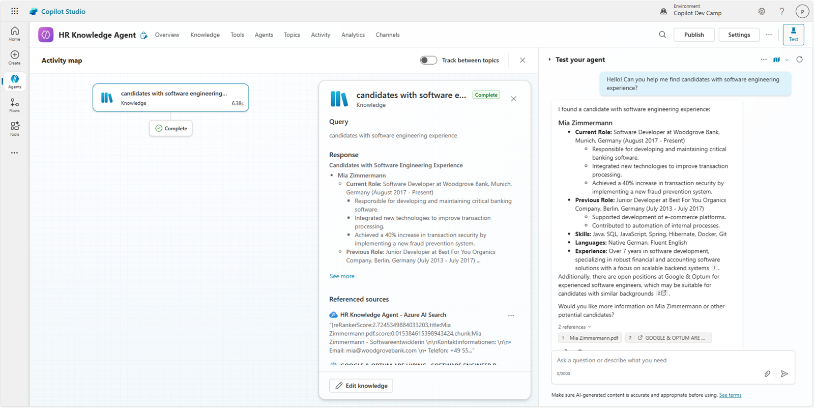 The test panel showing a conversation with the HR Knowledge Agent where the user asks about software engineering candidates and receives detailed responses with proper citations from the indexed documents.