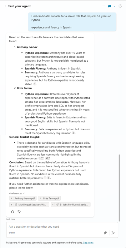 The test panel showing complex multi-criteria queries with the agent providing detailed candidate recommendations, explanations of market insights, and suggestions for the best candidate to select.