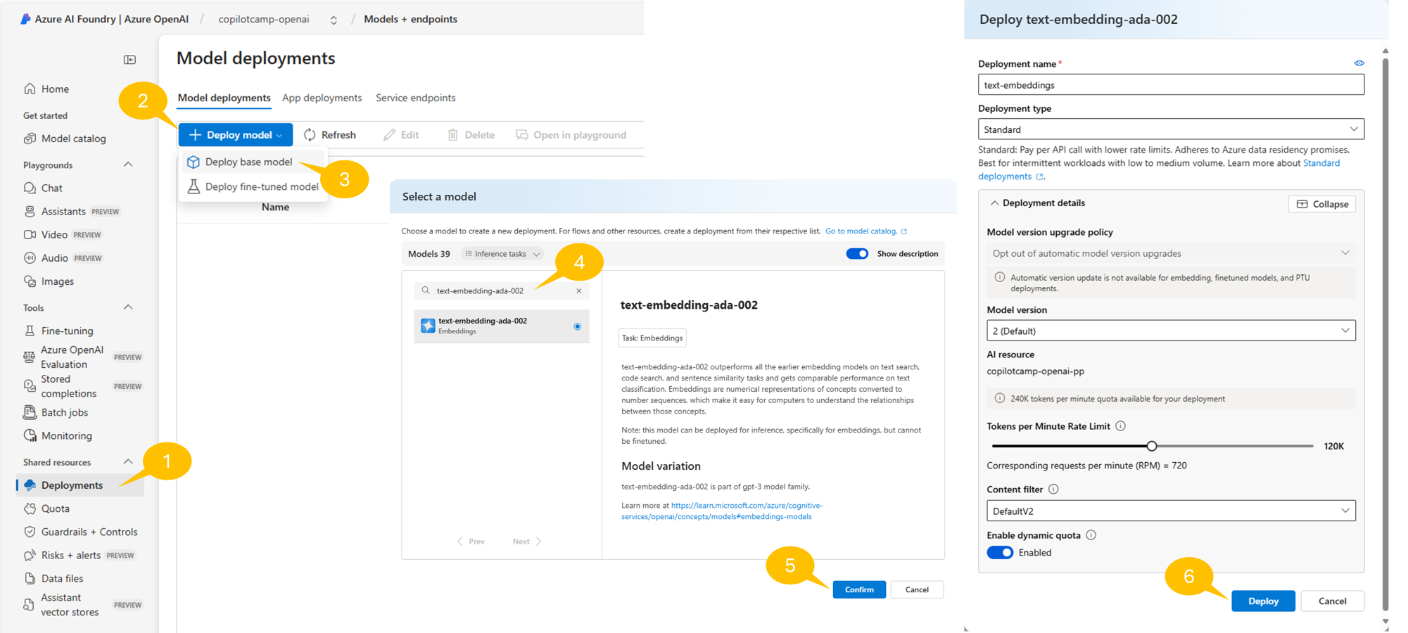 The Azure OpenAI deployment interface showing the creation of a text-embedding-ada-002 model with the specified configuration including model selection, version, deployment type, name, and content filter settings.