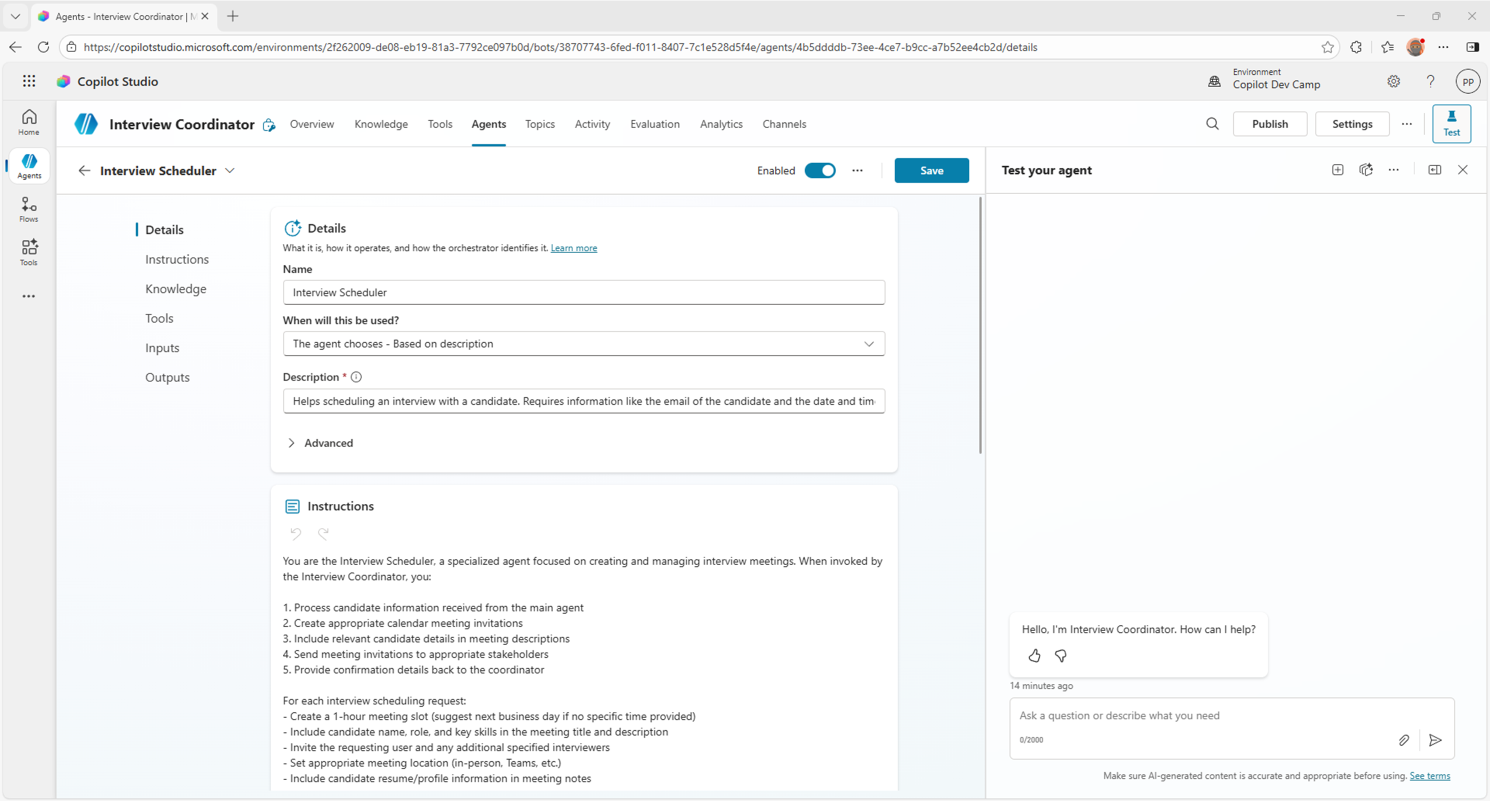 The child agent creation page showing the Interview Scheduler configuration with message-based triggering.