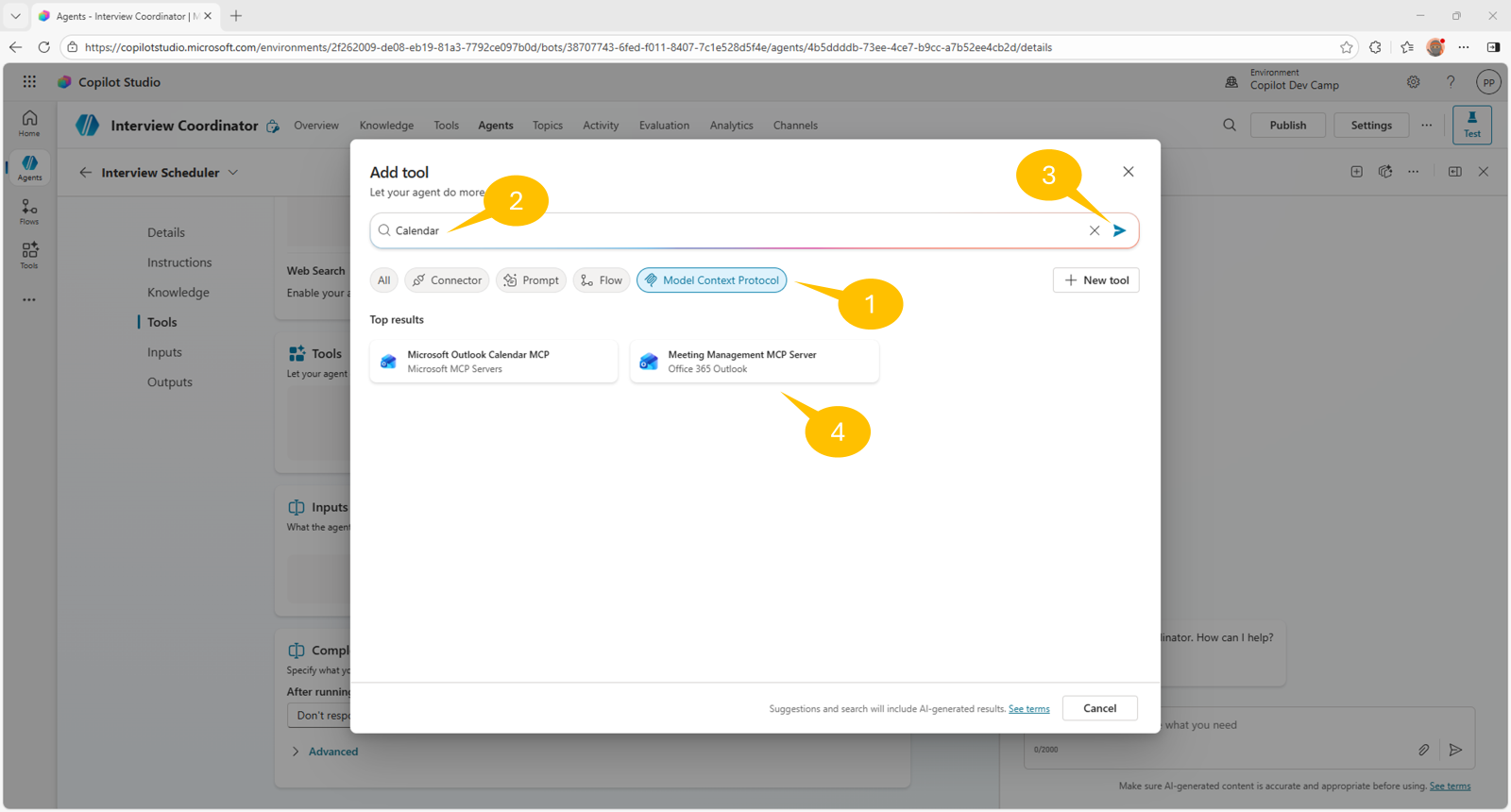 The dialog to search for the "Meeting Management MCP Server" in the list of available MCP servers. There is a search filter for "Calendar" applied in the dialog.