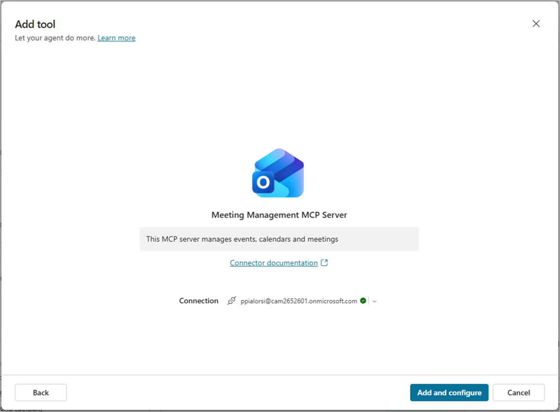The dialog to connect to the Meeting Management MCP Server. There is a command "Add and configure" to add the MCP server to the child agent and a command to "Cancel" the current operation.