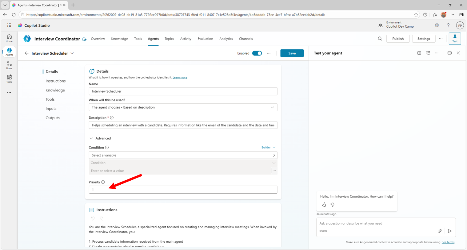 The child agent additional configuration showing priority settings and activation conditions.