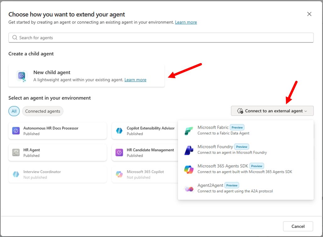 The dialog to select the kind of agent to connect. The available options are "New child agent", already existing Copilot Studio agents, and "Connect to an external agent".