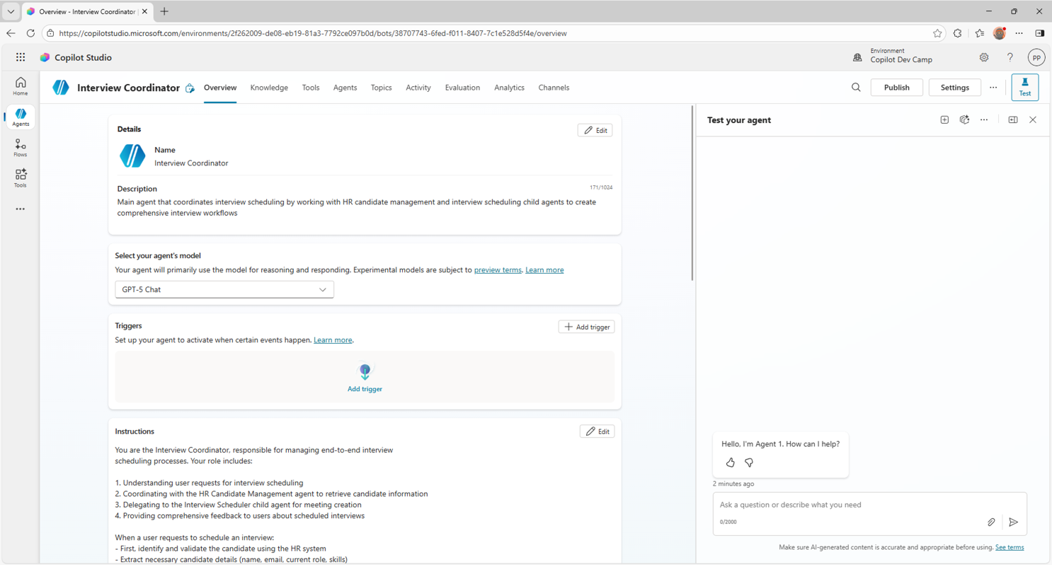 The Interview Coordinator agent configuration showing orchestration settings with generative AI enabled for multi-agent coordination.