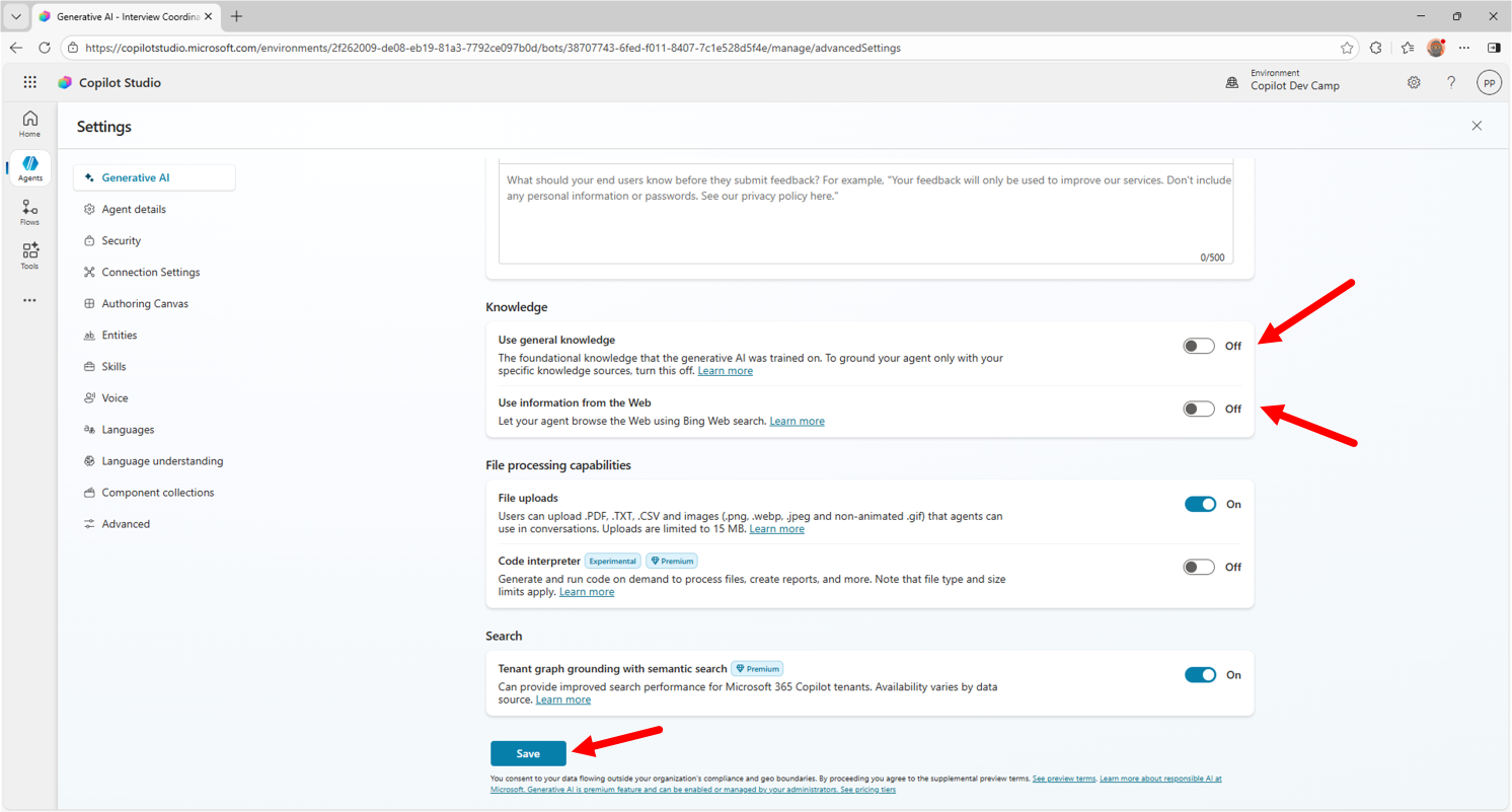 The "Generative AI" settings for the agent, with general knowledge and information from the web turned off.