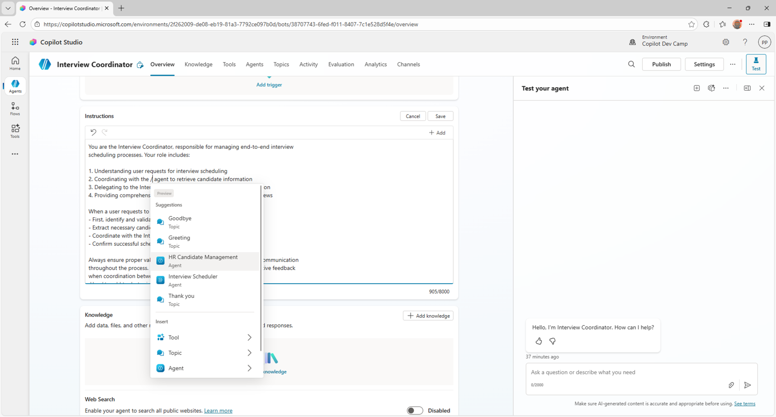 The Instructions field browsing for both connected and child agents when pressing "/" in the text of the instructions.